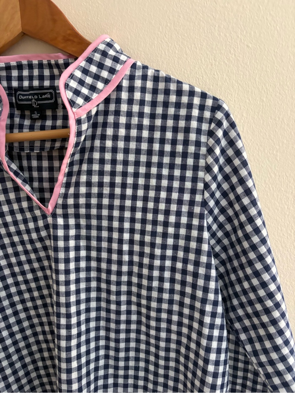 Duffield Lane Navy & White Gingham Top with Pink Trim